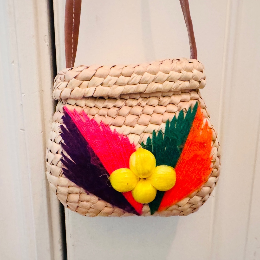 Woven Straw Crossbody Bag with Colorful Pom Pom Detail - Brown Strap